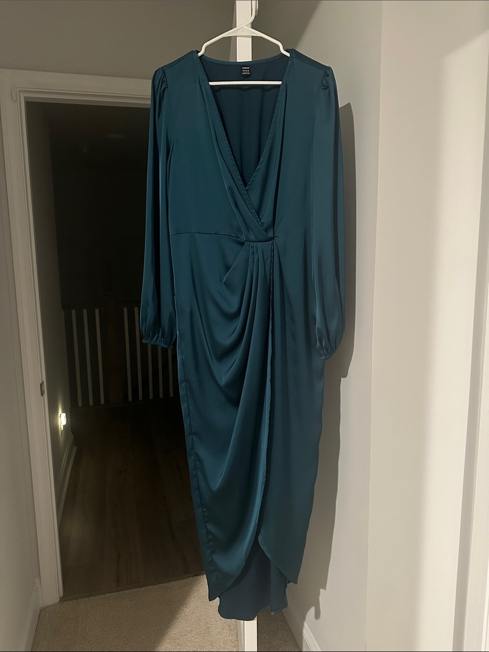 SHEIN Teal Draped Wrap-Front Long Sleeve Dress